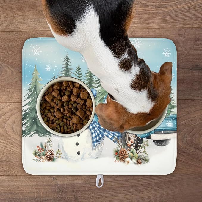 Giwawa Winter Snowman Blue Dish Drying Mat Xmas Truck Dishes Pad 16"x18" Microfiber Absorbent Drainer Rack Mats Protector for Kitchen Counter Sink