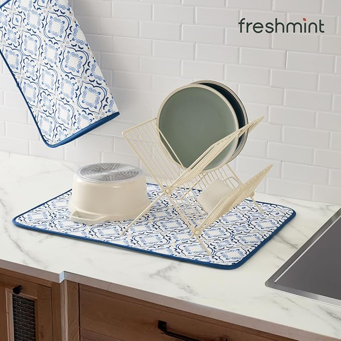 FRESHMINT Printed Dish Drying Mats for Kitchen Counter 2 Pack Absorbent Reversible Drying Mats Microfiber Kitchen Countertop Protector Dishes Drying Pad Extra Large 18"x24" Dish Mat