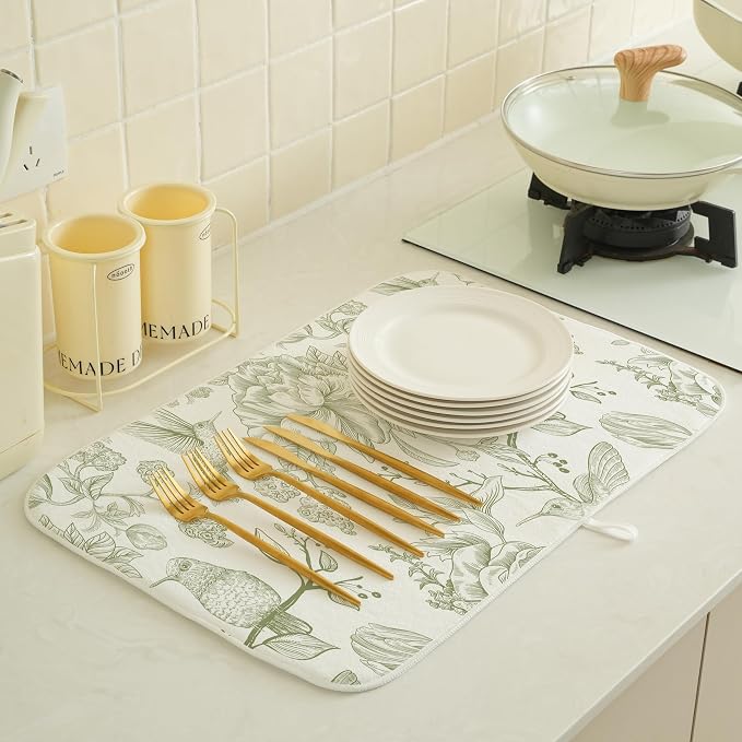 Floral Dish Drying Mat 18x24 Inches For Kitchen Counter Chinoiserie Sage Green Flower Birds Kitchen Decoration Drying Mat Decorative Drying Pad Mat for Home Kitchen,Dining Room,Office Decor