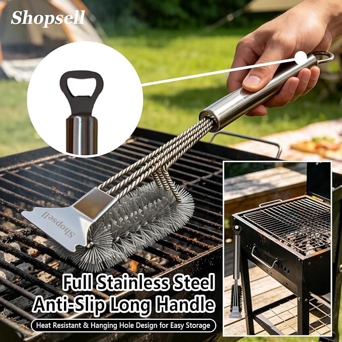 Grill Cleaning Brush with Scraper, Stainless Steel BBQ Grate Tool | 3-in-1 grill cleaner with scraper and bottle opener, anti-rust steel bristles works for gas, charcoal, porcelain grills
