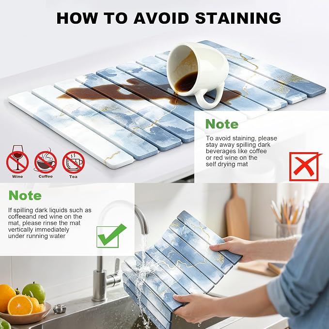 Stone Drying Mat for Kitchen Counter, Quick Diatomaceous Earth Mats for Dishes, 24"L x 16" W Super Absorbent Fast-Drying Collapsible Countertop Stone Mat (Marble White Blue, 24" x 16")