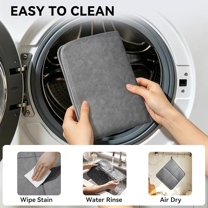 YDKGL 2 Pack PU Leather Dish Drying Mat for Kitchen Counter, Ultra Absorbent & Fast Drying Dish Mat Machine Washable Foldable Drying Pad for Countertops, Sinks, Draining Racks