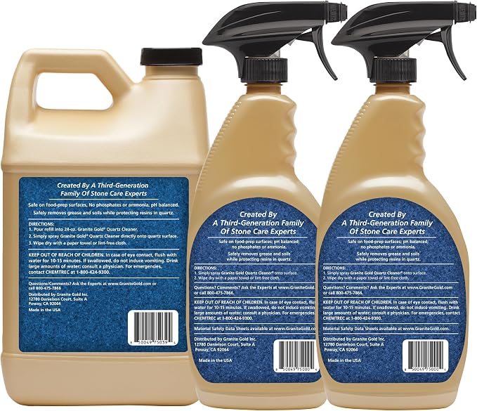 Granite Gold Quartz Cleaner Spray for Caesarstone, Cambria, Silestone and All Other Quartz Countertop Surfaces, 64 Fluid Ounces and 2 x 24 Fluid Ounces