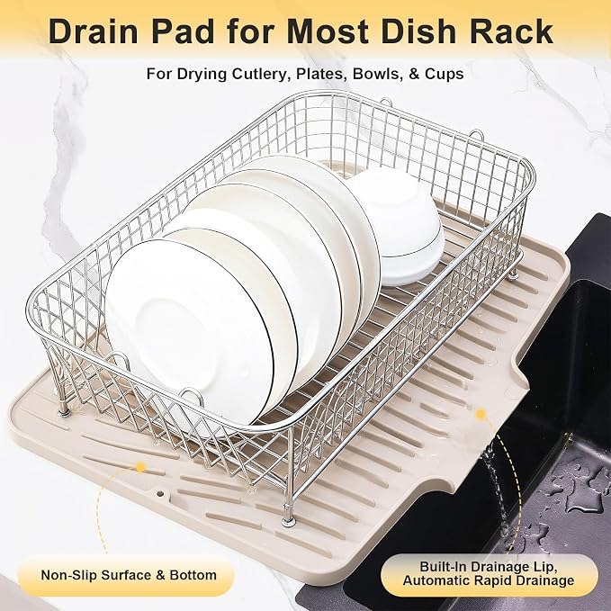 Silicone Dish Drying Mat for Kitchen Counter,Non-Slip Dish Drying Pad with Drain Lip,Heat Resistant Sink drying Mat for Dishes,Large Rubber dish drain mat dish rack mat (Cream,15.8"x13")
