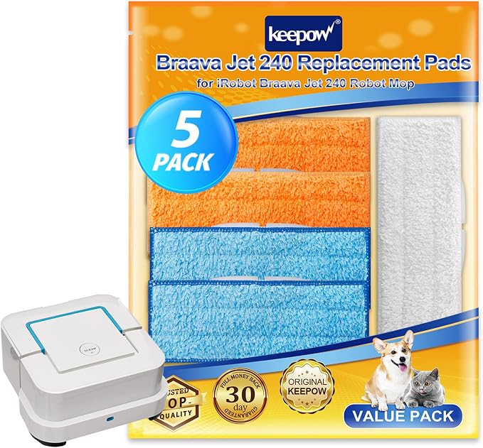 KEEPOW Braava Jet 240 Mop Pads Compatible with irobot Braava Jet 240 241 245 Robot Mop, 2 Wet Mop Pads + 2 Damp Mop Pads + 1 Dry Mop Pads | Reusable Mop Pads Compatible with iRobot Braava Jet 240/241/245 Robot Mop, 2 Wet + 2 Damp + 1 Dry Pads for All F...