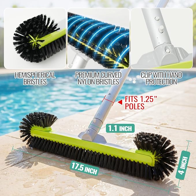 Pool Brush Head - Round Ends, Hemispherical Bristles, Charcoal | Scrub Brush for Walls, Heavy Duty Inground/Above Ground Swimming Pool,Tile Flooring Vinyl Pools Fiberglass Fits Φ1.25” Poles