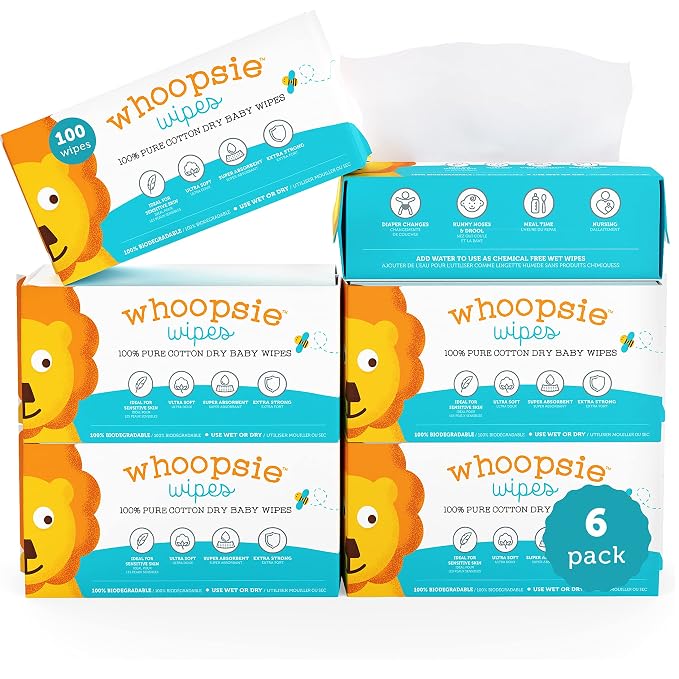 Whoopsie Wipes – The Original 100% Pure Cotton Dry Baby Wipes – Ultra Soft, Unscented, Chemical-Free Wipes for Sensitive Skin – Use Dry or Add Water for Wet Wipes – 6 Packs (600 Count)