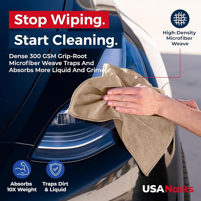 USANOOKS Microfiber Cleaning Cloth - Beige - 12Pcs (12.5x12.5 inch) High Performance - 1200 Washes, Ultra Absorbent Car Towel Traps Grime & Liquid for Streak-Free Mirror Shine - car Washing Cloth