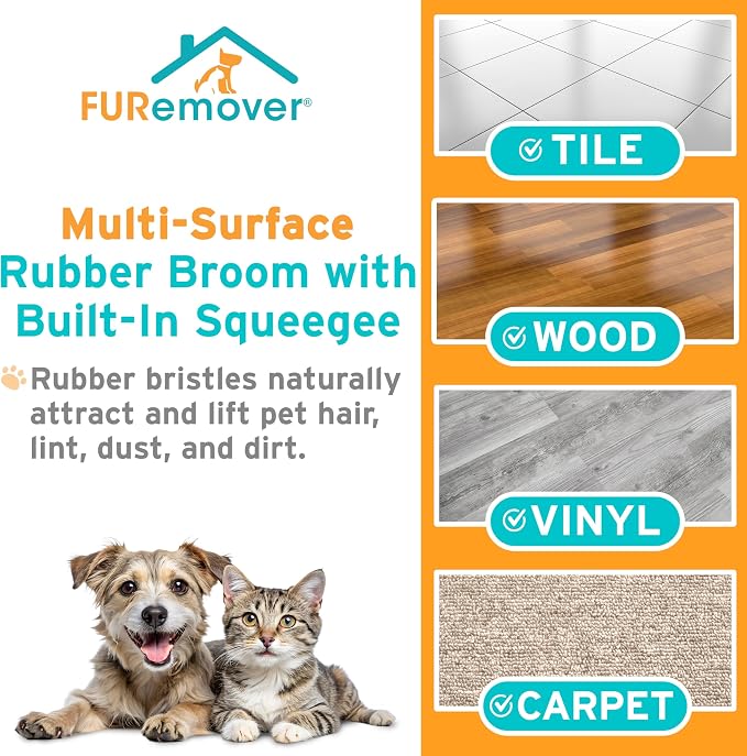 FURemover Pet Hair Removal Rubber Broom, 61" Telescopic Handle | Multi-Surface Rubber Broom with Built in Squeegee Edge, Sweeps up Fur, Hair, and Debris on Tile, Wood, Vinyl, and Carpet