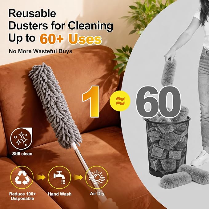 Tiumso Microfiber Feather Duster 5-in-1 Kit, Dusters for Cleaning, Duster with Extension Pole 100 Inches, Cobweb Duster, Microfiber Dusters for High Ceilings and Fans, Blinds, Cars and Furniture