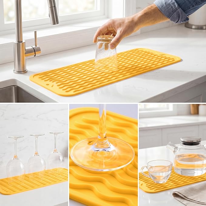 MicoYang Silicone Dish Drying Mat for Multiple Usage,Easy clean,Eco-friendly,Heat-resistant Silicone Mat for Kitchen Counter,Sink,Bar,Bottle,or Cup Yellow M 17 inches x 6 inches