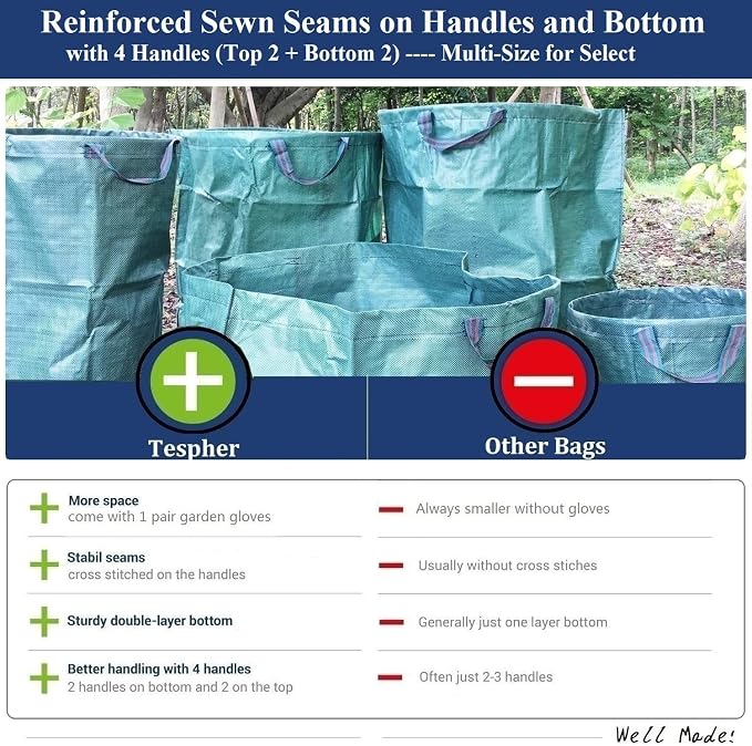 Professional 3-Pack 137 Gallon Extra Large Lawn Garden Bags (D34,H34 in) Reusable Yard Waste Bags with Gardening Gloves for Big Leaf Bag,Lawn Weeds,Grass Clippings Bag,Yard Debris Containers 4 Handles
