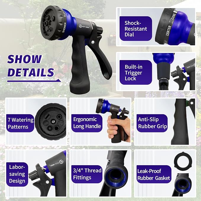 AUTOMAN Garden Hose Nozzle, 2 Pack Water Sprayer Nozzle with 7 Adjustable Watering Patterns,Slip Resistant Nozzle for Plants,Lawn,Washing Cars,Window Cleaning,Showering Pets & Outdoor Fun