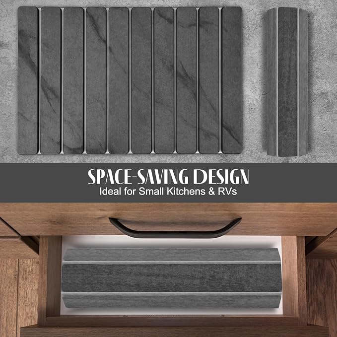 2 PCS Large Stone Dish Drying Mat for Kitchen Counter, 24"×16" Marble Dish Drying Mat with 8"x 4" Coasters, Non - Slip Collapsible Absorbent Mat for Multi - Purpose, Match Any Countertop - Grey