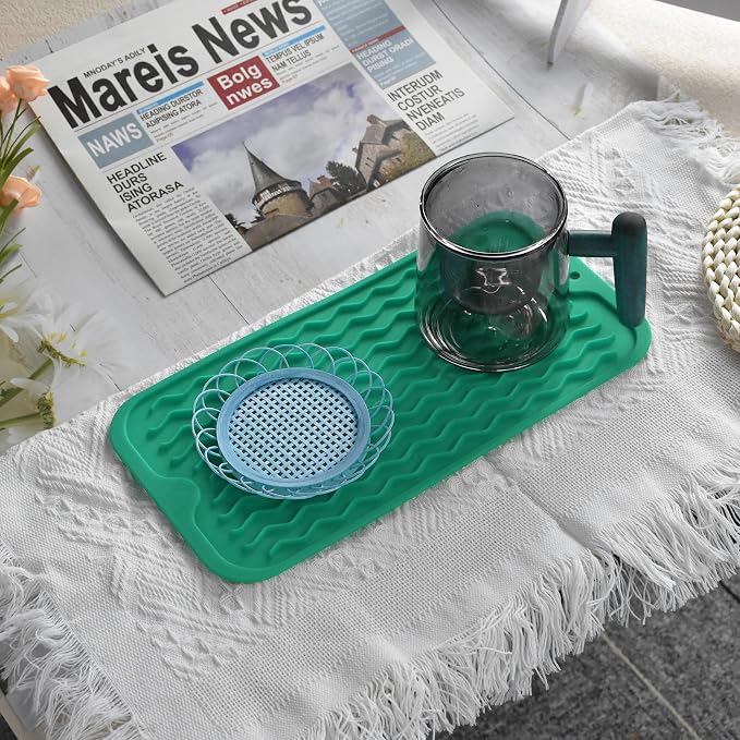 Silicone Dish Drying Mat for Multiple Usage, Easy clean, Eco-friendly, Heat-resistant Dish Drainer Mat for Kitchen Counter,Sink,Refrigerator or Drawer liner (12" x 6", Green)