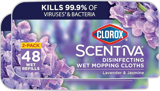Clorox Scentiva Disinfecting Wet Mop Pad, Disposable Heads, Multi-Surface Floor Wipes, Lavender and Jasmine, 2 Packs, 24 Refills Per Pack (Package May Vary)