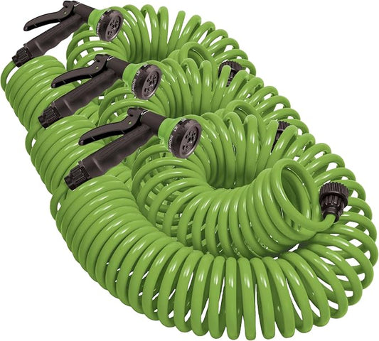 Orbit 26380 Coil Garden Hose, 25 Feet, with 8-Pattern Hose Nozzle (Green) (Pack of 3)