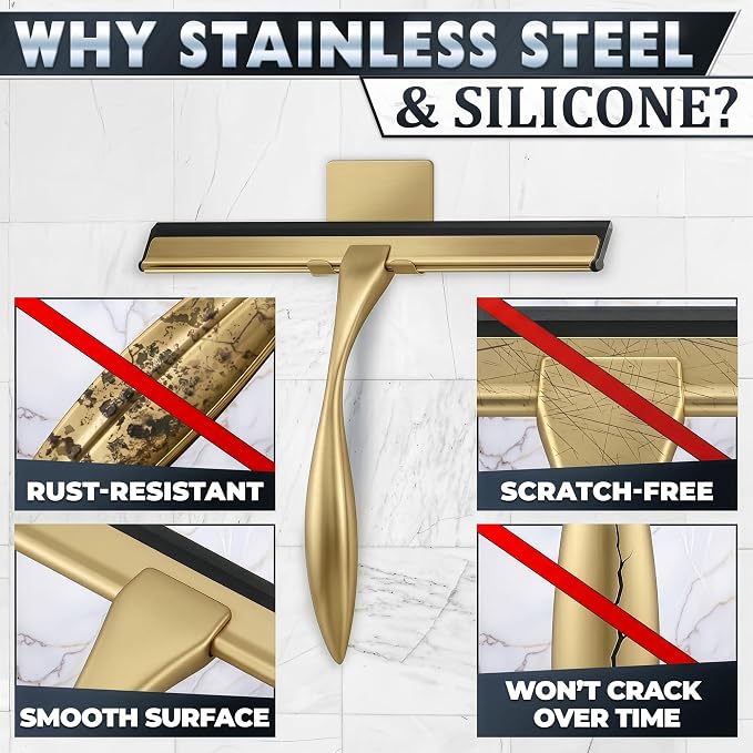 Gold Squeegee for Shower Glass, 10" Silicone Blade, Stainless Steel | Shower Door Squeegee with Hook, Adhesive Mount; All-Purpose Bathroom Tile, Mirror, & Window Wiper for Streak-Free Cleaning