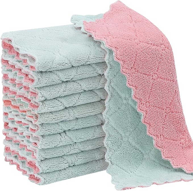 Rachan 11Pack Kitchen Dish Cloths, Reusable Dish Towels, Nonstick Oil Washable Fast Drying, Super Absorbent Coral Velvet Cleaning Cloths for Cleaning Tableware, Kitchen, Bathroom (Pink-green10 x 6")