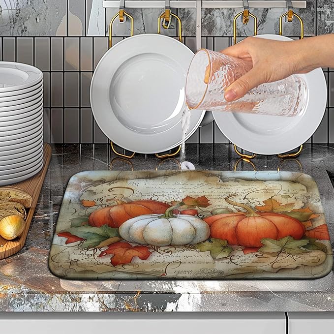 Fall Pumpkin Maple Leaf Dish Drying Mat for Kitchen Counter 16x18 Inch Vintage Autumn Leaves Thanksgiving Drying Mat Seasonal Ultra Absorbent Dish Drainer Rack Mats for Coffee Bar Kitchen