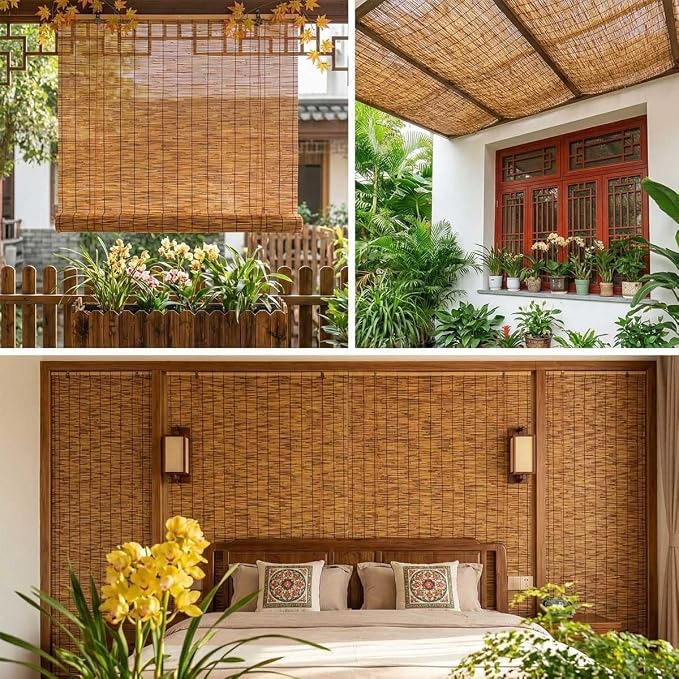 Bamboo Blinds and Roller Shades for Indoor Windows Cordless Natural Light Filtering Roll Up Roman Shades for Outdoor Patio Porch Pergola, Easy Install Privacy Screen Window Blinds(16" W x 64" H)