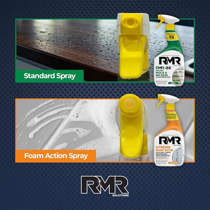 RMR Instant Mold & Mildew Stain Remover Spray + Xtreme Soap Scum Remover, No-Scrub Indoor/Outdoor Cleaning System for Bathroom, Shower, Siding, & Deck, 2–32 Oz Bottles