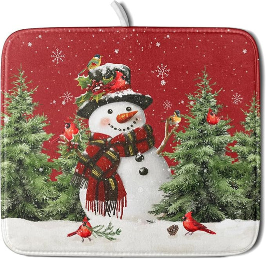 Christmas Dish Drying Mat for Kitchen Counter Snowman Green Christmas Tree Microfiber Absorbent Dish Draining Reusable Washable Foldable 16"x18"