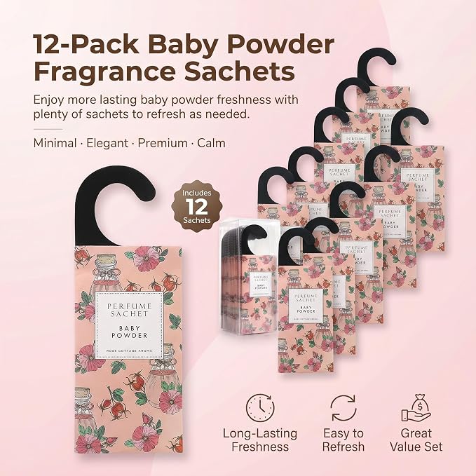 Large 12 Packs Baby Powder Hanging Scented Sachets Long-Lasting Closet Deodorizer Air Freshener Fabric Refresher Odor Eliminator for Drawer Home Fragrance Gift Set