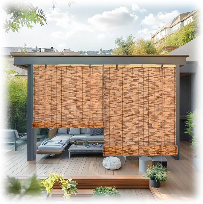 Privacy Screen Blinds Bamboo Roll Up Shades with Lift for Outdoor Balcony Patio Indoor Offices Cordless Light Filtering Bamboo Window Blinds((W x H) 57 in x 66 in)
