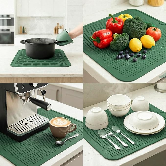 MicoYang Silicone Dish Drying Mat for Multiple Usage,Easy clean,Eco-friendly,Heat-resistant Silicone Mat for Kitchen Counter or Sink,Refrigerator or Drawer Liner Green XL 18 inches x 16 inches
