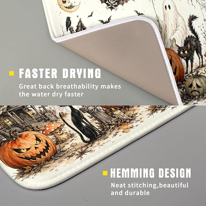 Giwawa Halloween Pumpkin Ghost Dish Drying Mat Black Cat Microfiber Dishes Pad 16x18 Inch Holiday Dish Drainer Rack Mats for Kitchen Counter Sink