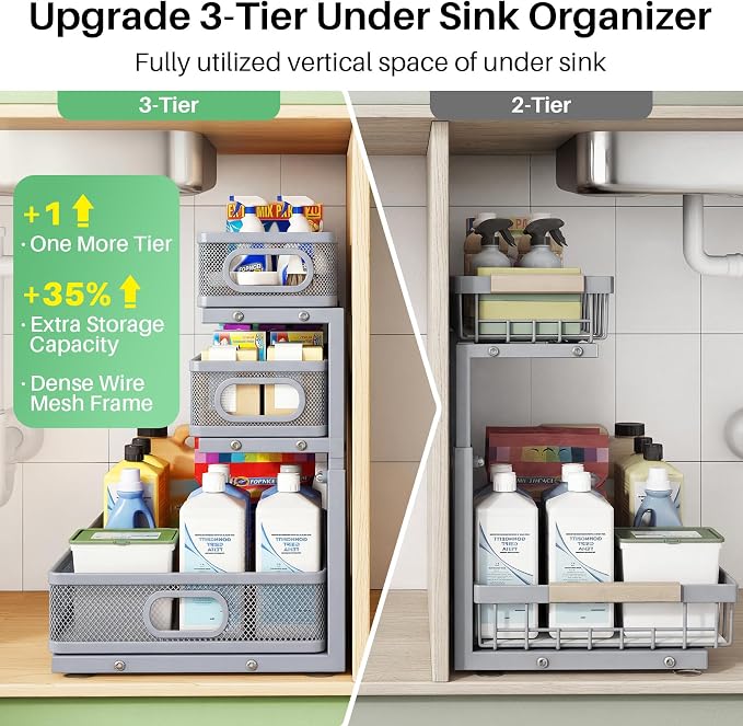 Kitstorack Under Sink Organizer, 2-Pack 3-Tier Height Adjustable Thickened Metal Pull out Cabinet Organizer Shelf, Slide out Storage Drawer Rack for Bathroom Kitchen Pantry Home Organization, Grey