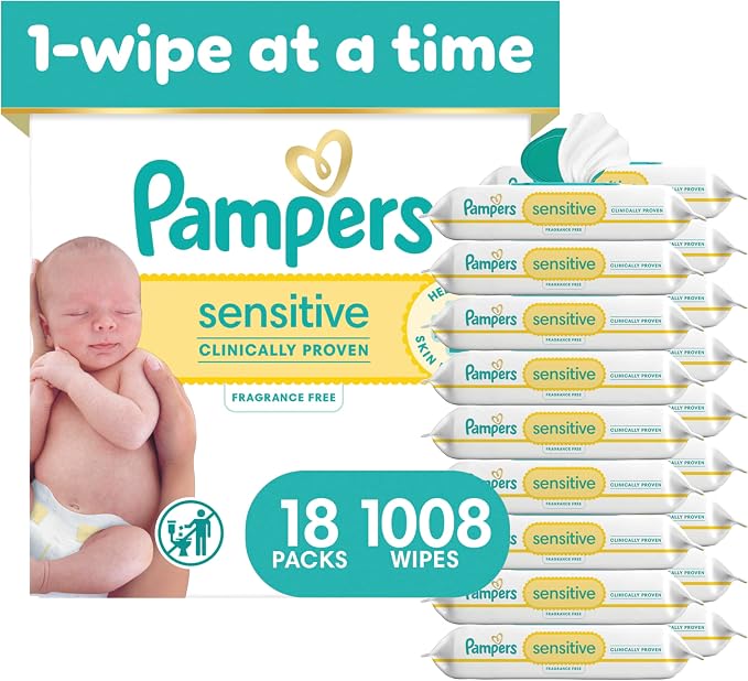 Pampers Sensitive Baby Wipes, Water Based, Clinically Proven, Hypoallergenic, and Unscented for Babies, 1008 Wipes Total (12 Flip-Top Packs) [Packaging May Vary]