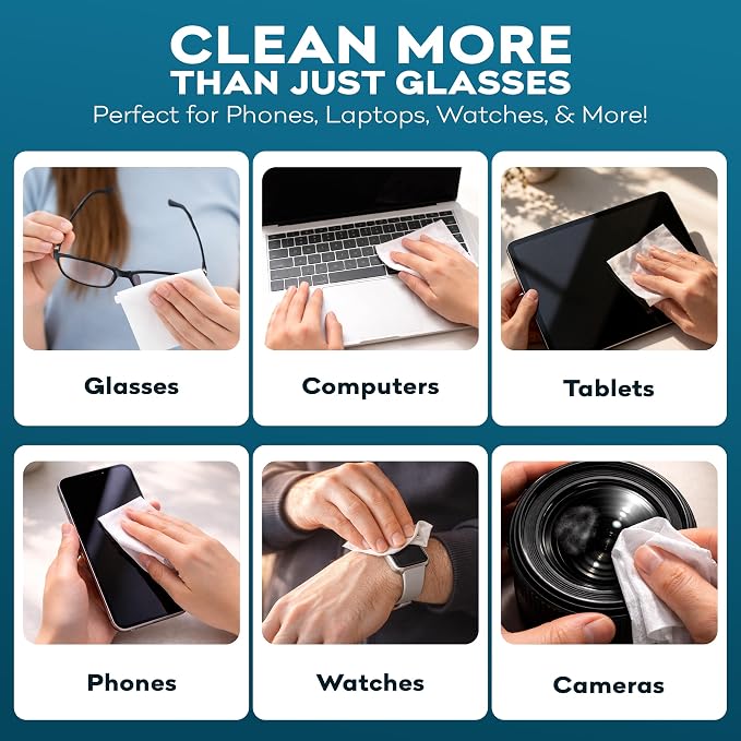 XXL Lens Wipes, 50 Count - 9.8"x6.7" Eye Glasses Cleaner Wipes for Lenses, Watches, Display Screens, and More - Cleans and Shines - Quick Drying, No Smear with Isopropyl Alcohol