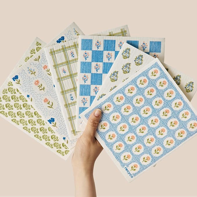 RECYCO Swedish Dishcloths for Kitchen | 6 Packs Bloom Tiles Washable Dish Rags | Cellulose Reusable Cleaning Paper Towels | Absorbent Counter Dish Cloth Sponge Kitchen Wipes, 8" L x 7" W