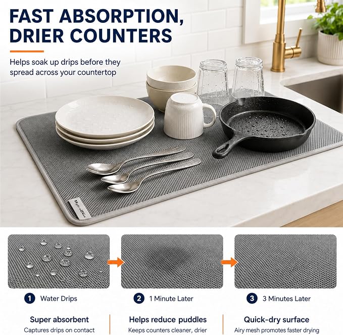 Dish Drying Mat 24 x 17 in, Large Microfiber Drying Mats, Absorbent Quick Dry Pad for Kitchen Counter, Countertop Protector for Dishes, Pots & Pans, Machine Washable, Gray (1 PCS)
