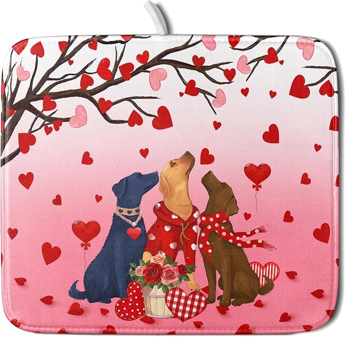 Love Dog Dish Drying Mat 16"x18" Red Heart Microfiber Dish Drainer Mat Hanging Loop Absorbent Fast Dry Pad Kitchen Counter Bar Accessories