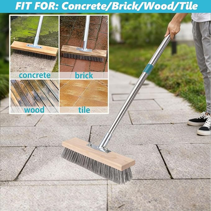 Stainless Steel Deck Scrub Brush with Long Handle, Heavy Duty Floor Scrubber Moss Remover Concrete Wire Bristle Brush for Cleaning Yard Broom Outdoor Metal Patio Scrubbing Brush