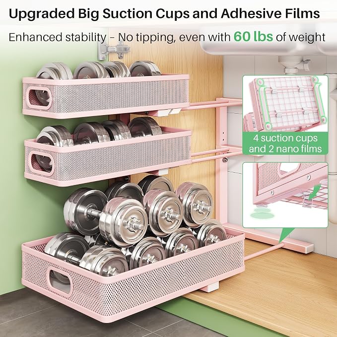Kitstorack Under Sink Organizer, 1-Pack 3-Tier Height Adjustable Thickened Metal Pull out Cabinet Organizer Shelf, Slide out Storage Drawer Rack for Bathroom Kitchen Pantry Home Organization, Pink