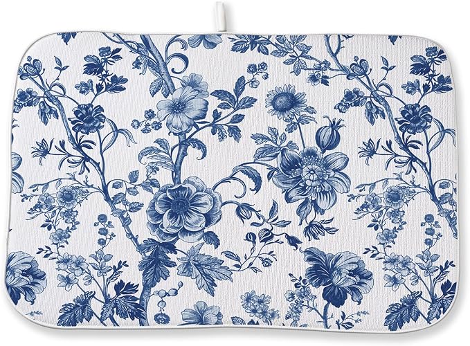 Vintage Blue Dish Drying Mat 18x24 Inch Chinoiserie Navy Blue Floral Drying Mat Flower Spring Summer Seasonal Absorbent Dish Drying Pad Dish Rack Drainer Mats for Kitchen Dining Counter