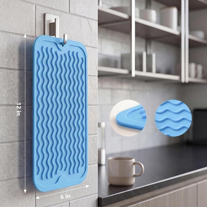 MicoYang Silicone Dish Drying Mat for Multiple Usage,Easy clean,Eco-friendly,Heat-resistant Silicone Mat for Kitchen Counter or Sink,Refrigerator or Drawer Liner Light Blue S 12 inches x 6 inches