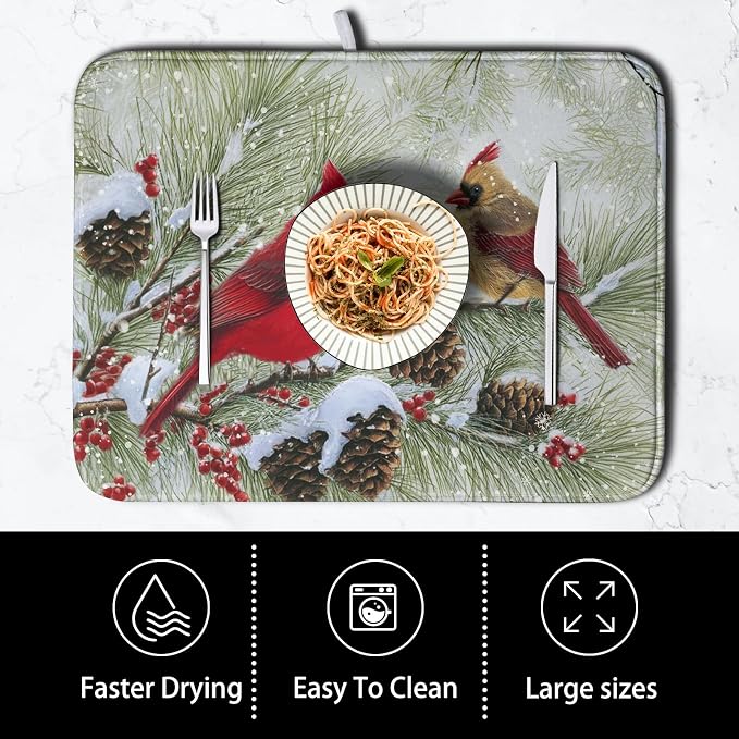 Winter Dish Drying Mat for Kitchen Counter 16x18 Inch Christmas Red Birds Drying Mats Xmas Holiday Microfiber Absorbent Dishes Drainer Mats Cardinal Dish Rack Pad