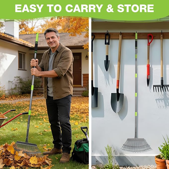 WORKPRO Rakes, Small Leaf Rake with 73” Adjustable Long Handle | Narrow Metal Garden Rake with 25 Steel Tines, Heavy Duty Rust-Resistant Lawn Rakes for Yard, Flower Beds & Tight Spaces