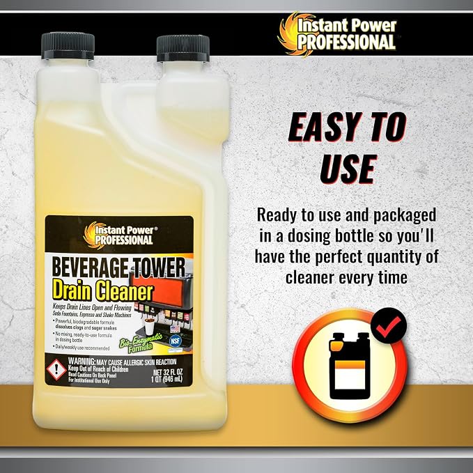 Instant Power Beverage Tower Drain Cleaner - Sink Clog Remover, Drain Defense for Beverage Systems, Made in USA - 32 Fl Oz 12 Pack