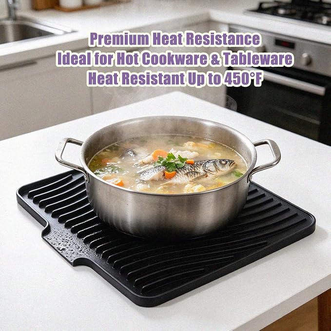 Silicone Dish Drying Mat for Kitchen Counter,16"X13" With Built-in Drain Lip,Food-Grade Silicone, Heat-Resistant Eco-friendly Hygienic Drying Mat Leak-Proof and Non-Slip, Multi-Functional Use（Black）