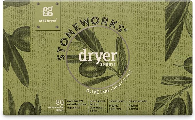 Grab Green Stoneworks Dryer Sheets, Olive Leaf, 80 Count, Compostable | Softens fabrics; Reduces Static; Cruelty-free; Plant & Mineral Based; No Harsh Chemicals