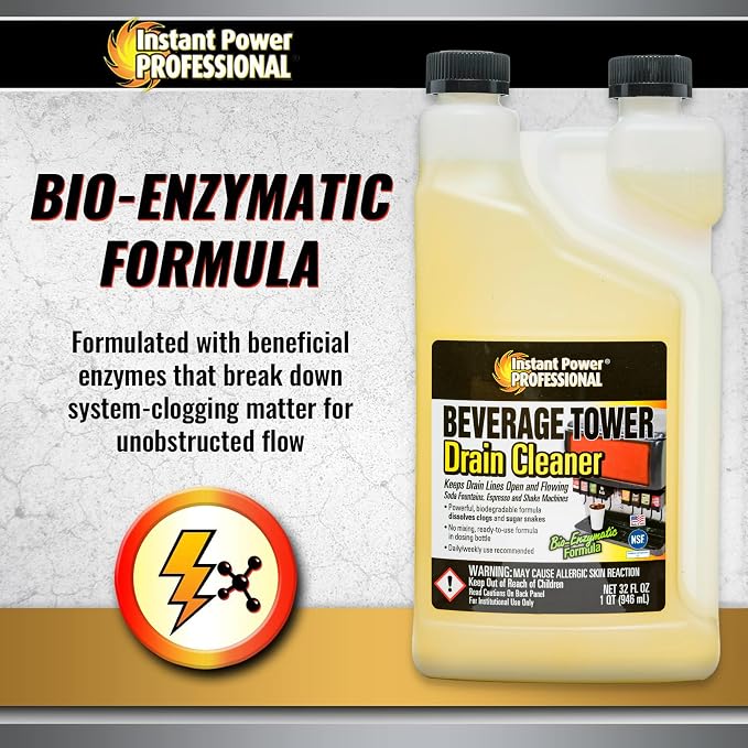Instant Power Beverage Tower Drain Cleaner - Sink Clog Remover, Drain Defense for Beverage Systems, Made in USA - 32 Fl Oz 12 Pack