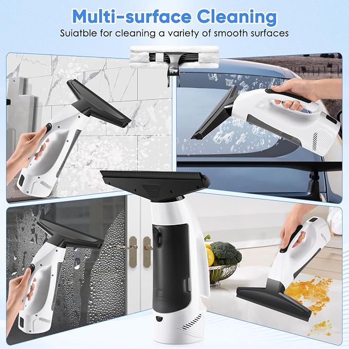 Window Vacuum Squeegee Cordless, 2000Pa Electric Rechargeable Window Cleaner with 200ml Water Tank, Cleaning Kit with Spray Bottle & Microfiber Pad for Glass, Mirror, Shower Door, Car Windshield