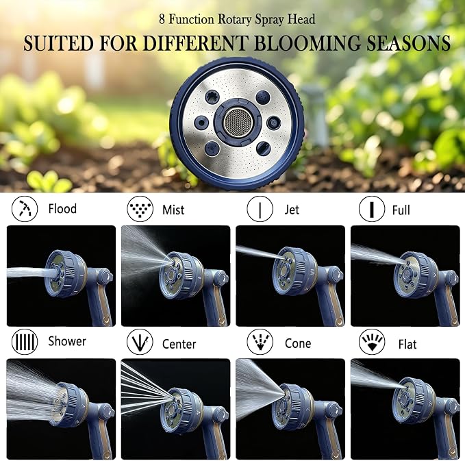 Garden Hose Nozzle Heavy Duty Metal Water Hose Sprayer | Heavy Duty Metal Spray Nozzle With Thumb Control. Japanese-style Design & 8 Spray Patterns For Different Blooming Seasons
