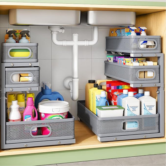 Kitstorack Under Sink Organizer, 2-Pack 3-Tier Height Adjustable Thickened Metal Pull out Cabinet Organizer Shelf, Slide out Storage Drawer Rack for Bathroom Kitchen Pantry Home Organization, Grey